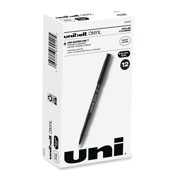 Uni-Ball ONYX Stick Roller Ball Pen, Micro 0.5mm, Blk Ink, Blk Barrel, PK12 60040